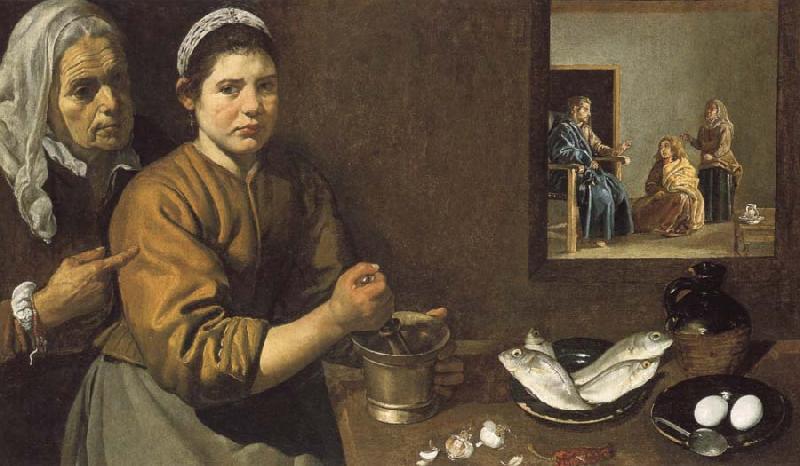 Diego Velazquez Kitchen Scene with Christ in the House of Martha and Hary oil painting picture